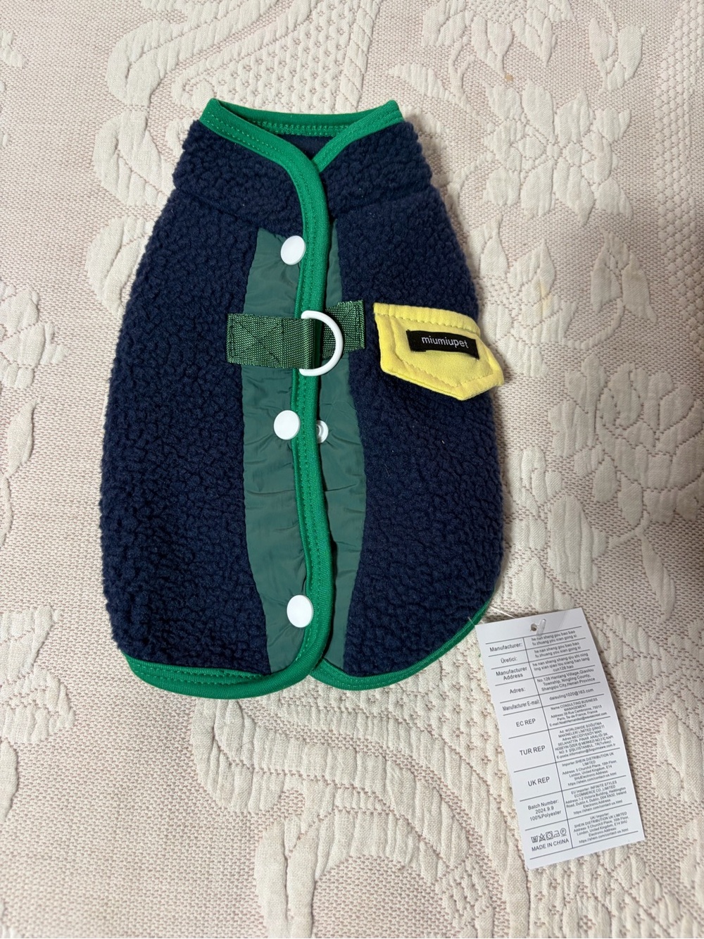 NWT Miniature Pet Navy Sherpa Puffer VEST with Green Trim and Yellow Pocket